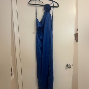 Satin Rose Decor Asymmetrical Open Back Maxi Royal Blue Dress